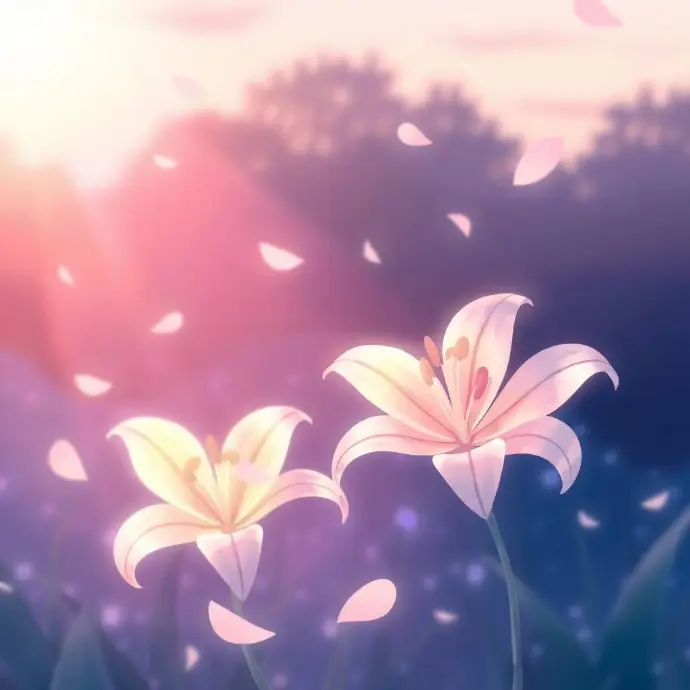 "A stunning anime-style illustration of a spring scene featuring a spider lily in full bloom, glowing softly in the sunlight. The backdrop consists of a twilight sky that combines shades of pink, purple, and blue with beautiful wisps of clouds. The delicate petals float in the air, creating a peaceful and magical atmosphere. The composition is rich in detail, with a soft, subtle color palette that enhances the beauty of nature in an artistic fantasy-inspired style."